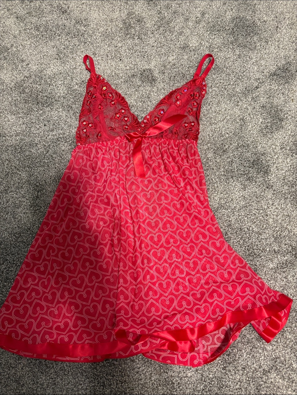 Women's Red Lace-Trim Heart Print Babydoll Chemise